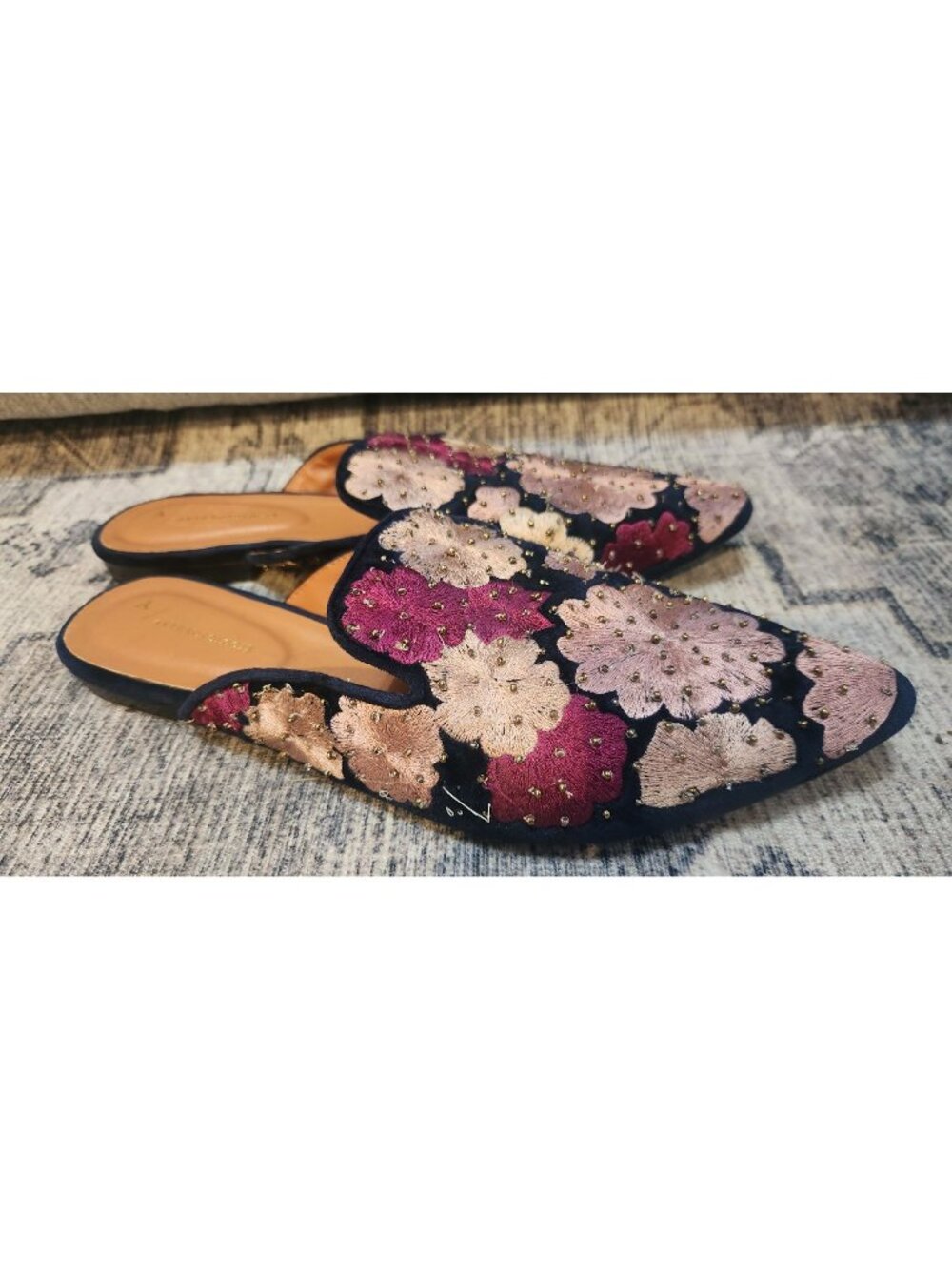 Anthropologie Women's Sz. 11 Embroidered Floral Studded Violet Slides